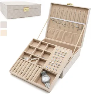 Jewelry Organizer Box, Jewelry Box Organizers for Women Girls, Jewellery Display Holder, 2 Layers Large Leather Jewels Storage Case for Earring, Rings, Necklaces, Bracelets, Watch, Ideal Gift (Beige)