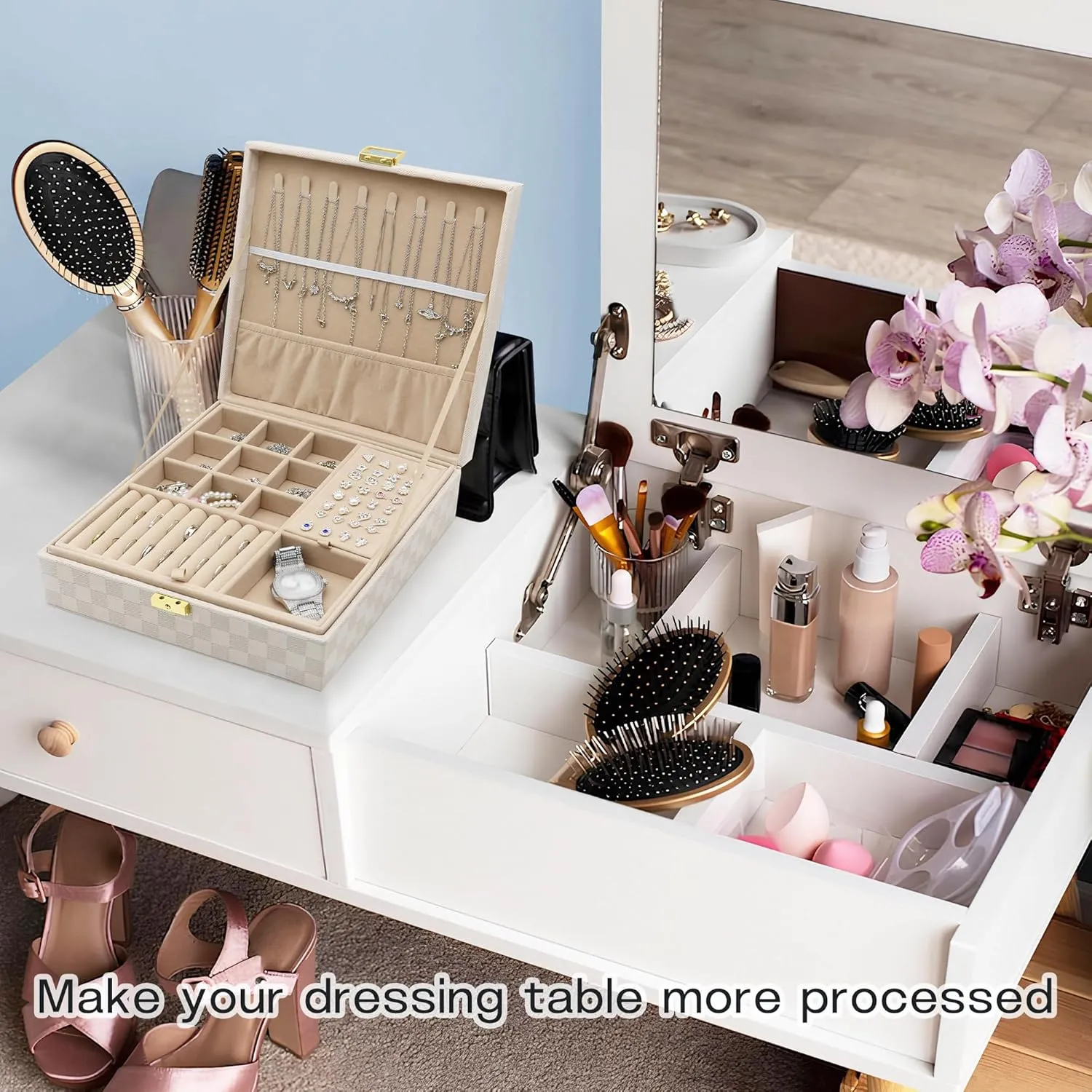 Jewelry Organizer Box, Jewelry Box Organizers for Women Girls, Jewellery Display Holder, 2 Layers Large Leather Jewels Storage Case for Earring, Rings, Necklaces, Bracelets, Watch, Ideal Gift (Beige)