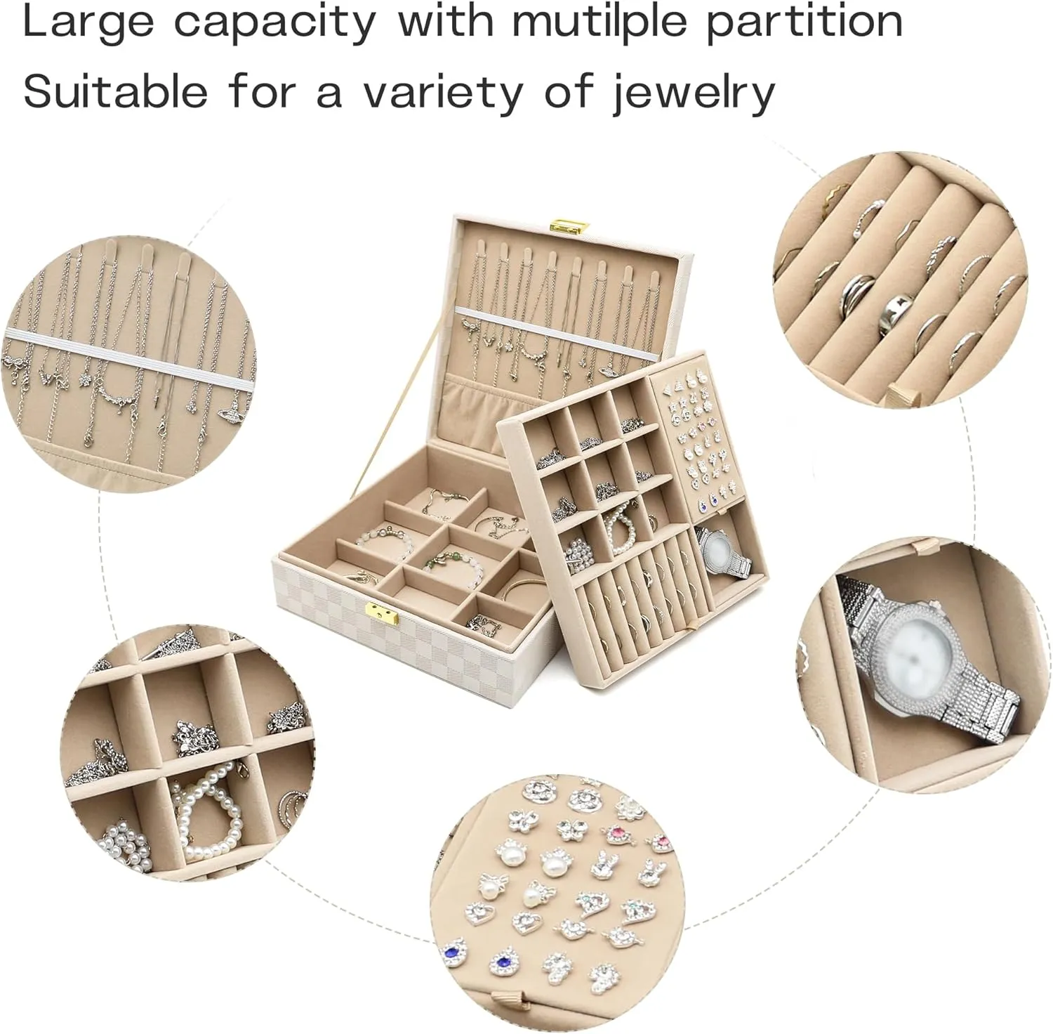 Jewelry Organizer Box, Jewelry Box Organizers for Women Girls, Jewellery Display Holder, 2 Layers Large Leather Jewels Storage Case for Earring, Rings, Necklaces, Bracelets, Watch, Ideal Gift (Beige)