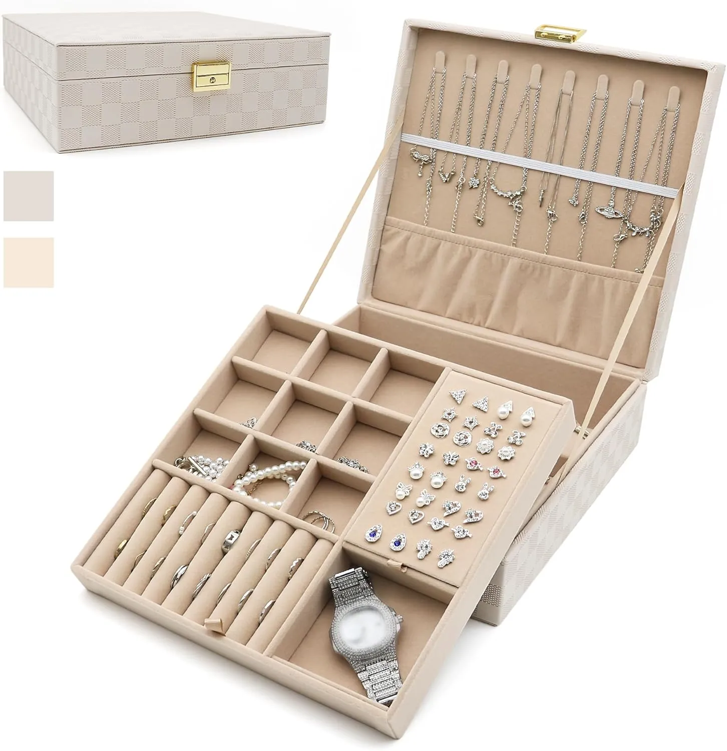 Jewelry Organizer Box, Jewelry Box Organizers for Women Girls, Jewellery Display Holder, 2 Layers Large Leather Jewels Storage Case for Earring, Rings, Necklaces, Bracelets, Watch, Ideal Gift (Beige)