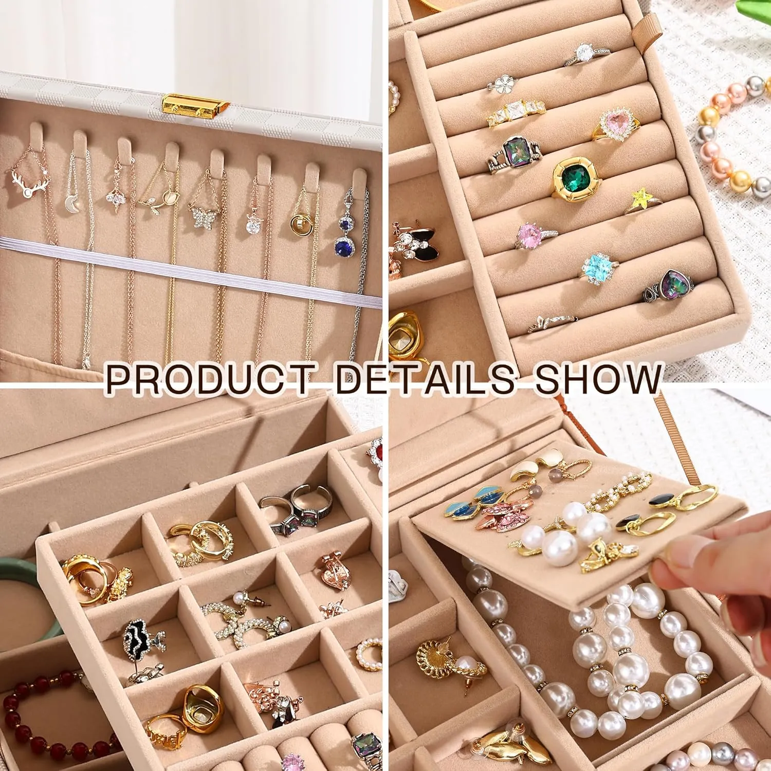 Jewelry Organizer Box, Jewelry Box Organizers for Women Girls, Jewellery Display Holder, 2 Layers Large Leather Jewels Storage Case for Earring, Rings, Necklaces, Bracelets, Watch, Ideal Gift (Beige)