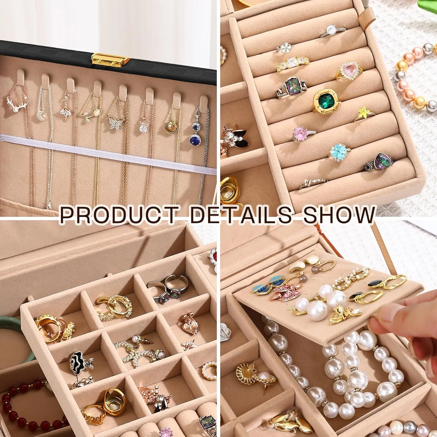 Jewelry Organizer Box, Jewelry Box Organizers for Women Girls, Jewellery Display Holder, 2 Layers Large Leather Jewels Storage Case for Earring, Rings, Necklaces, Bracelets, Watch, Ideal Gift (Black)