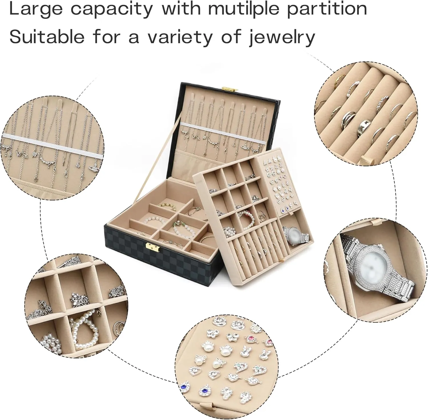 Jewelry Organizer Box, Jewelry Box Organizers for Women Girls, Jewellery Display Holder, 2 Layers Large Leather Jewels Storage Case for Earring, Rings, Necklaces, Bracelets, Watch, Ideal Gift (Black)