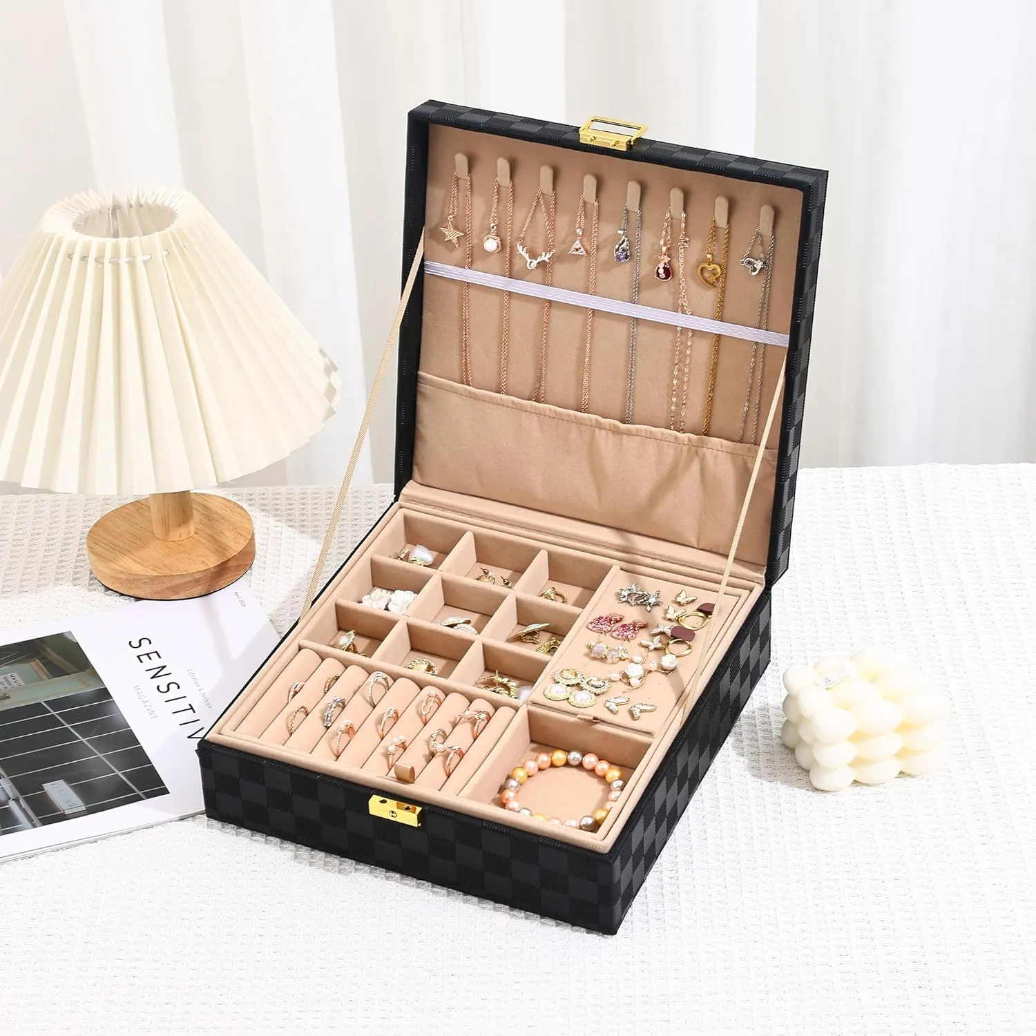 Jewelry Organizer Box, Jewelry Box Organizers for Women Girls, Jewellery Display Holder, 2 Layers Large Leather Jewels Storage Case for Earring, Rings, Necklaces, Bracelets, Watch, Ideal Gift (Black)