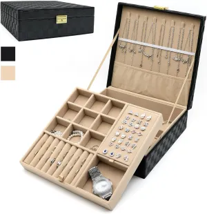 Jewelry Organizer Box, Jewelry Box Organizers for Women Girls, Jewellery Display Holder, 2 Layers Large Leather Jewels Storage Case for Earring, Rings, Necklaces, Bracelets, Watch, Ideal Gift (Black)
