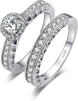 JewelryPalace 14K Gold Plated 925 Sterling Silver Cubic Zirconia Promise Rings for Her, Wedding Bands Engagement Rings for Women, Vintage Thick Anniversary 2ct Halo Simulated Diamond Ring Sets
