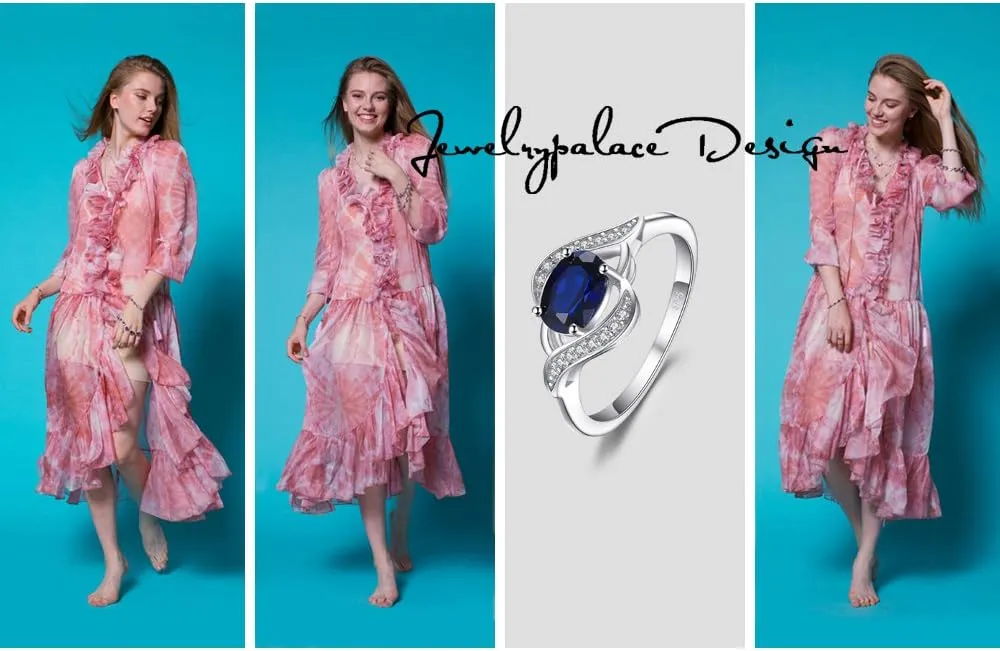 JewelryPalace 1ct Oval Created Blue Sapphire Rings for Women, 14K White Yellow Rose Gold Plated 925 Sterling Silver Ring for Girl, Fashion Gemstone Jewelry Sets Promise Rings