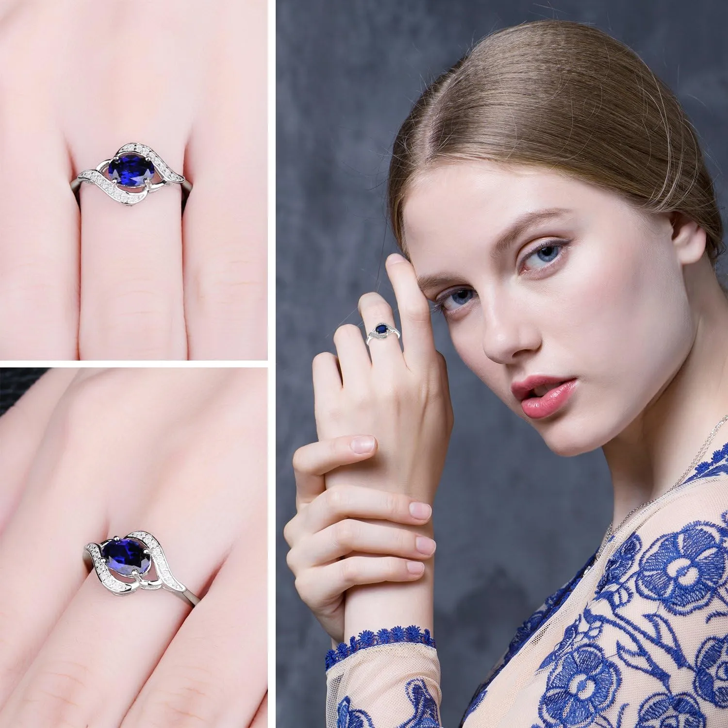 JewelryPalace 1ct Oval Created Blue Sapphire Rings for Women, 14K White Yellow Rose Gold Plated 925 Sterling Silver Ring for Girl, Fashion Gemstone Jewelry Sets Promise Rings