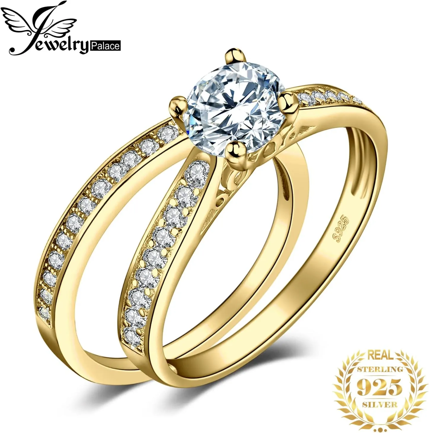 JewelryPalace 1ct Simulated Diamond Engagement Rings for Women, 14k White Yellow Rose Gold Plated 925 Sterling Silver Promise Rings for her, Cubic Zirconia Anniversary Wedding Eternity Band Ring Set
