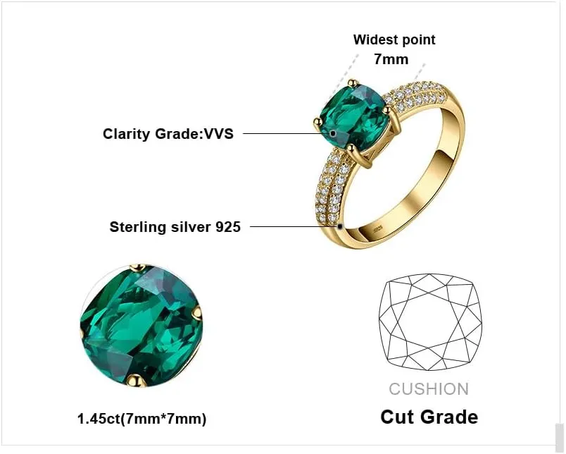 JewelryPalace Cushion Cut 1.8ct Simulated Emerald Solitaire Rings for Her, 14K White Yellow Rose 925 Sterling Silver Promise Ring for Women, Green Gemstone Jewelry Sets Rings