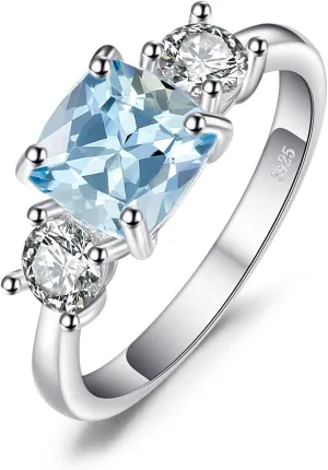 JewelryPalace Cushion Cut 2.6ct Genuine Blue Topaz 3 stones Rings for Her, 14K White Yellow Rose Gold Plated 925 Sterling Silver Promise Ring for Women, Natural Gemstone Jewelry Sets Rings