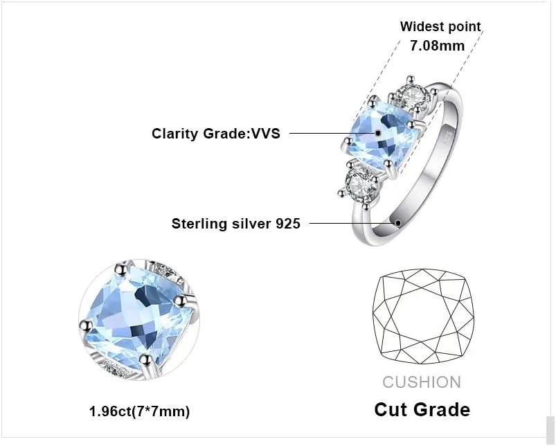 JewelryPalace Cushion Cut 2.6ct Genuine Blue Topaz 3 stones Rings for Her, 14K White Yellow Rose Gold Plated 925 Sterling Silver Promise Ring for Women, Natural Gemstone Jewelry Sets Rings