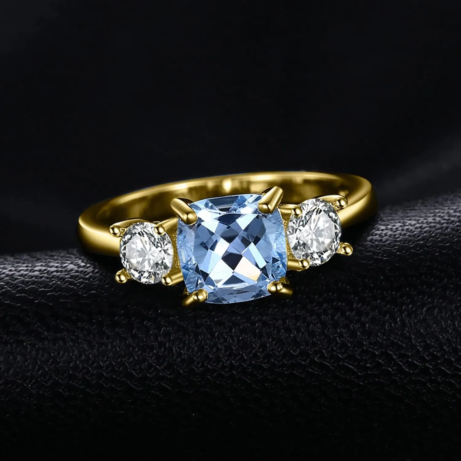 JewelryPalace Cushion Cut 2.6ct Genuine Blue Topaz 3 stones Rings for Her, 14K White Yellow Rose Gold Plated 925 Sterling Silver Promise Ring for Women, Natural Gemstone Jewelry Sets Rings