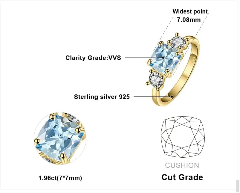 JewelryPalace Cushion Cut 2.6ct Genuine Blue Topaz 3 stones Rings for Her, 14K White Yellow Rose Gold Plated 925 Sterling Silver Promise Ring for Women, Natural Gemstone Jewelry Sets Rings