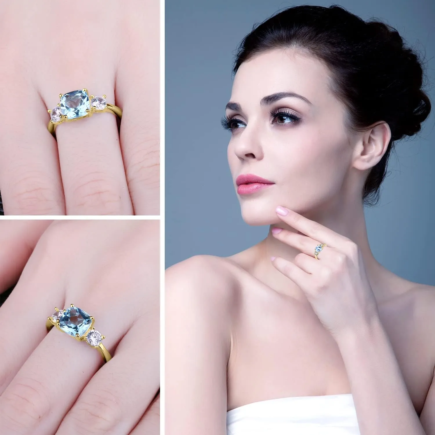 JewelryPalace Cushion Cut 2.6ct Genuine Blue Topaz 3 stones Rings for Her, 14K White Yellow Rose Gold Plated 925 Sterling Silver Promise Ring for Women, Natural Gemstone Jewelry Sets Rings