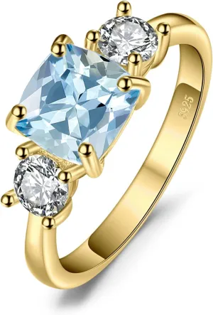 JewelryPalace Cushion Cut 2.6ct Genuine Blue Topaz 3 stones Rings for Her, 14K White Yellow Rose Gold Plated 925 Sterling Silver Promise Ring for Women, Natural Gemstone Jewelry Sets Rings
