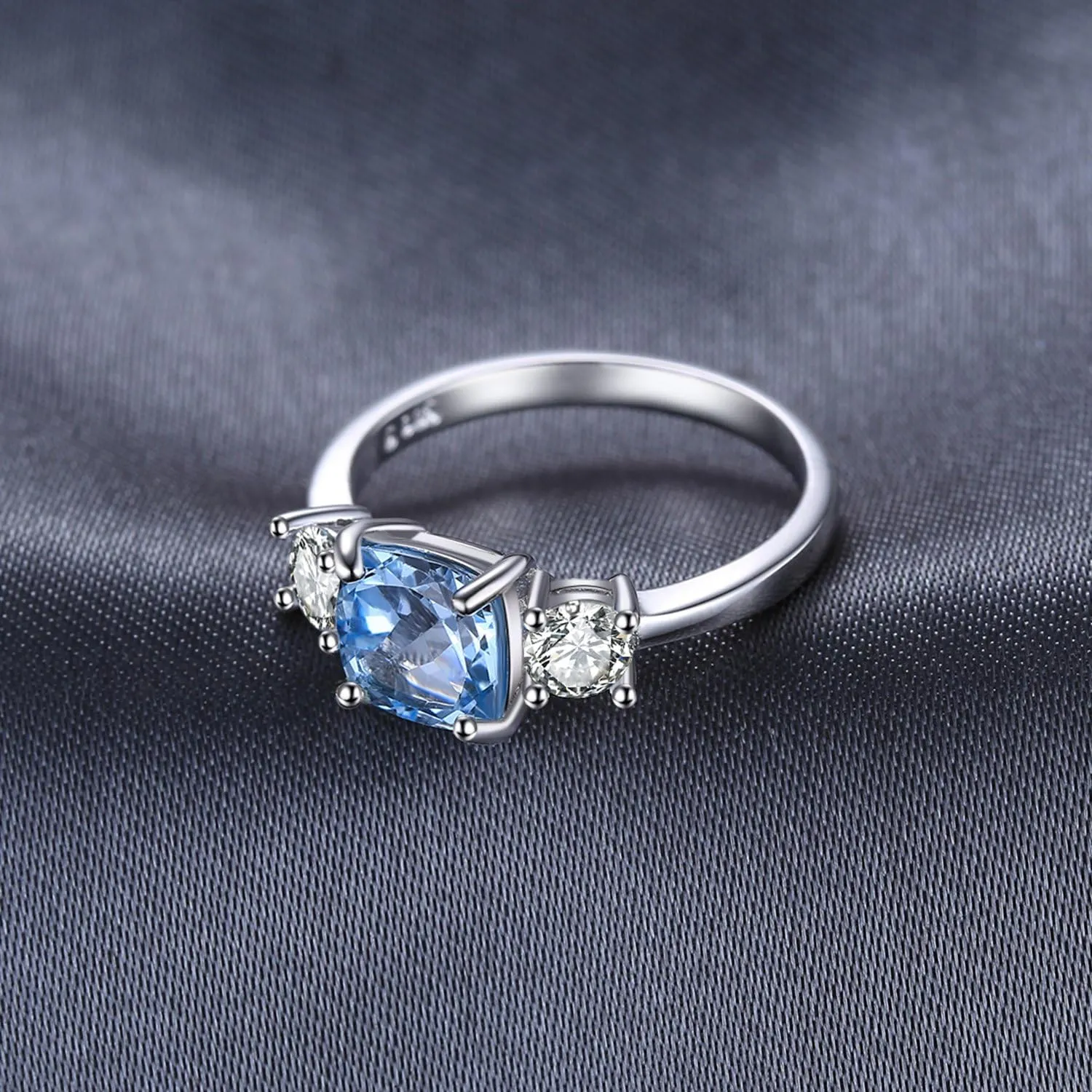 JewelryPalace Cushion Cut 2.6ct Genuine Blue Topaz 3 stones Rings for Her, 14K White Yellow Rose Gold Plated 925 Sterling Silver Promise Ring for Women, Natural Gemstone Jewelry Sets Rings