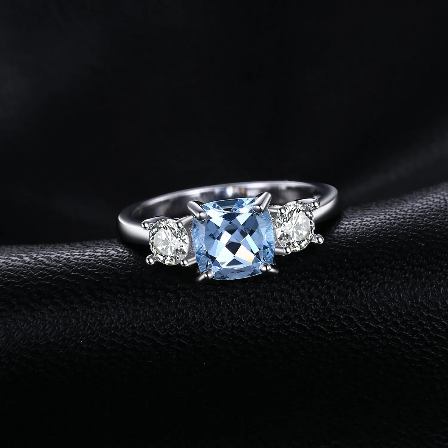 JewelryPalace Cushion Cut 2.6ct Genuine Blue Topaz 3 stones Rings for Her, 14K White Yellow Rose Gold Plated 925 Sterling Silver Promise Ring for Women, Natural Gemstone Jewelry Sets Rings