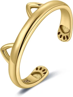 JewelryPalace Cute Cat Paw Open Adjustable Rings for Women, Lovely 14k White Yellow Rose Gold Plated 925 Sterling Silver Ring for Her, Anniversary Jewelry Gift for Girl