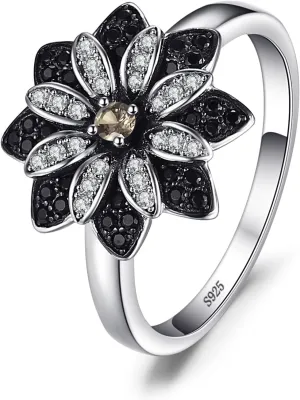 JewelryPalace Daisy Flower Sunflower Genuine Natural Smoky Quartz Black Spinel Cocktail Rings for Women, 14K White Gold Plated 925 Sterling Silver Rings for Her, Natural Gemstone Jewelry Sets