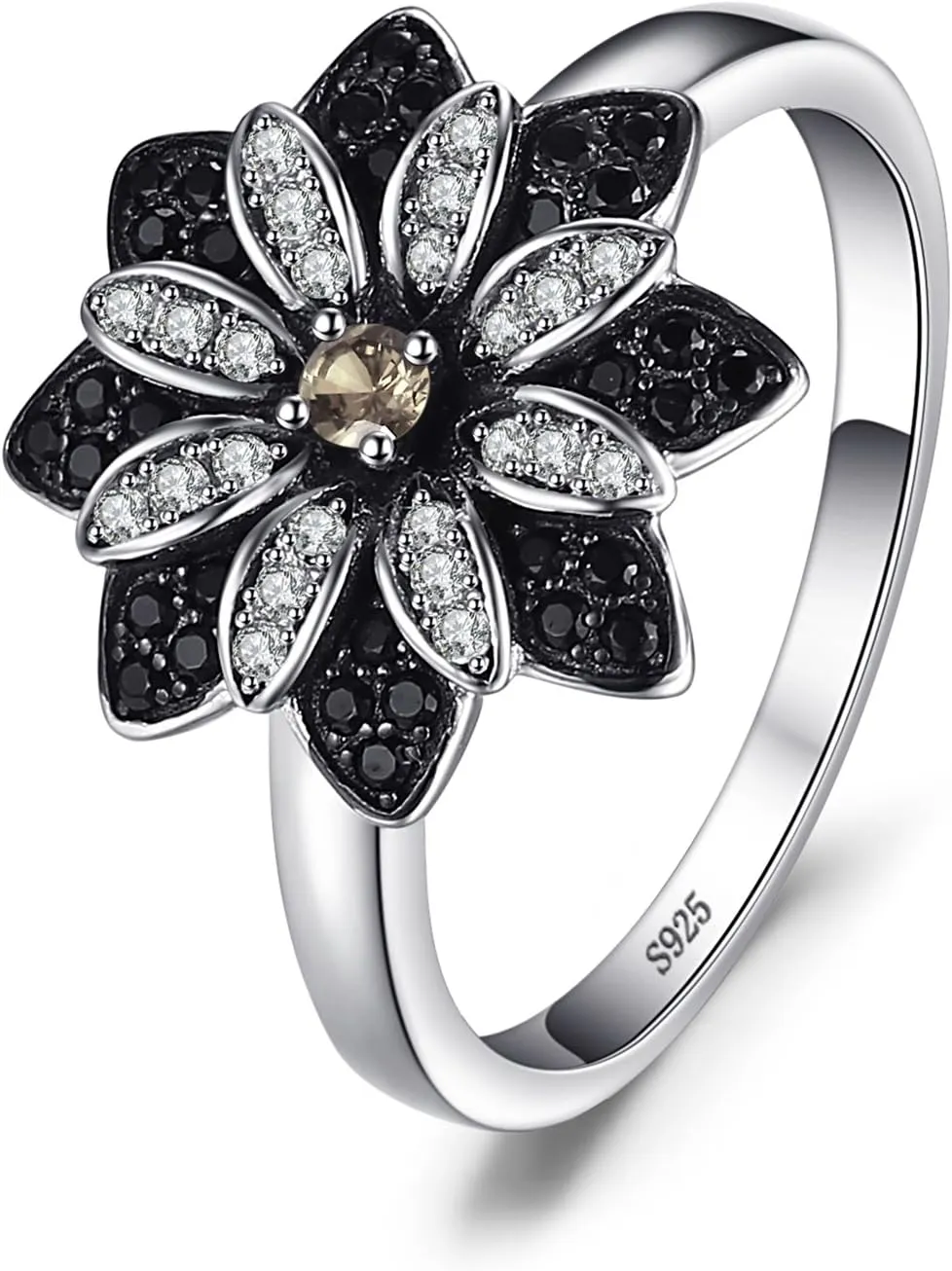 JewelryPalace Daisy Flower Sunflower Genuine Natural Smoky Quartz Black Spinel Cocktail Rings for Women, 14K White Gold Plated 925 Sterling Silver Rings for Her, Natural Gemstone Jewelry Sets
