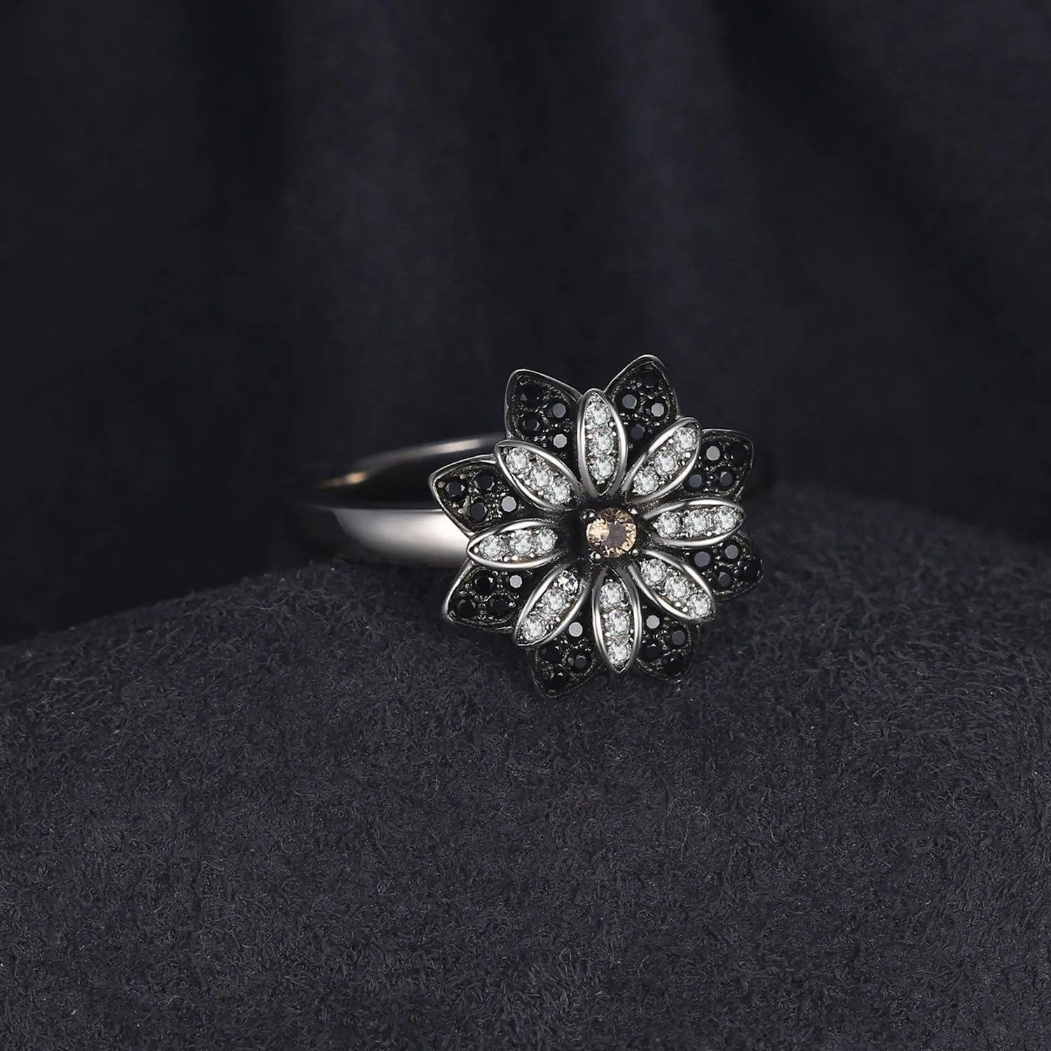 JewelryPalace Daisy Flower Sunflower Genuine Natural Smoky Quartz Black Spinel Cocktail Rings for Women, 14K White Gold Plated 925 Sterling Silver Rings for Her, Natural Gemstone Jewelry Sets