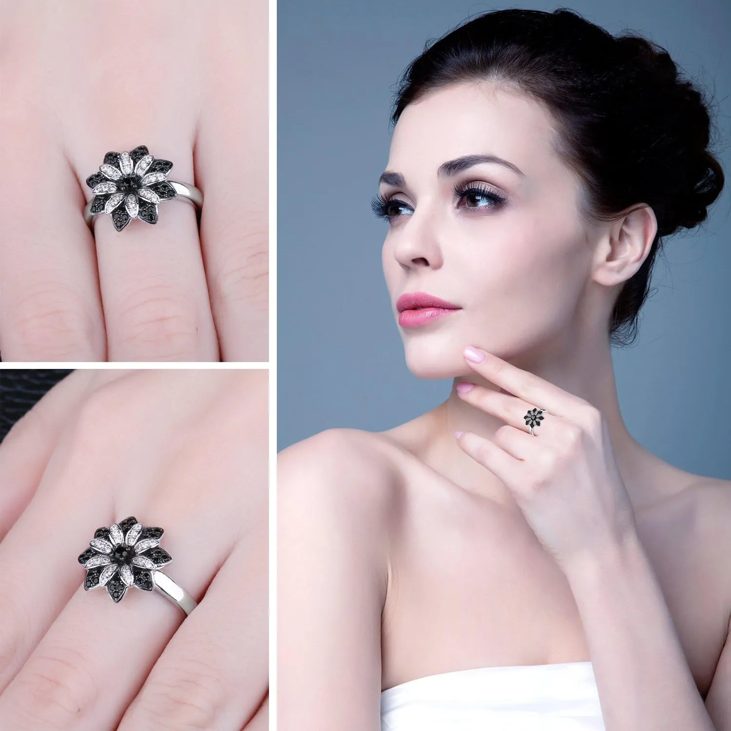 JewelryPalace Daisy Flower Sunflower Genuine Natural Smoky Quartz Black Spinel Cocktail Rings for Women, 14K White Gold Plated 925 Sterling Silver Rings for Her, Natural Gemstone Jewelry Sets