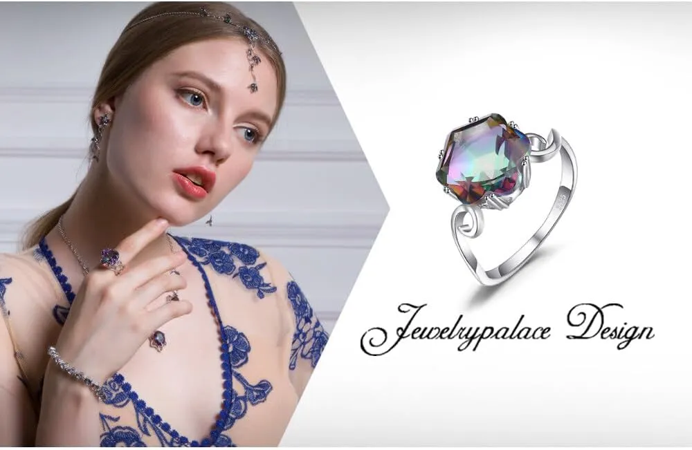 JewelryPalace Fancy Cut 5.7ct Multicolor Genuine Rainbow Quartz Cocktail Rings for Her, 14K White Yellow Rose Gold Plated 925 Sterling Silver Ring for Women, Natural Gemstone Jewelry Rings