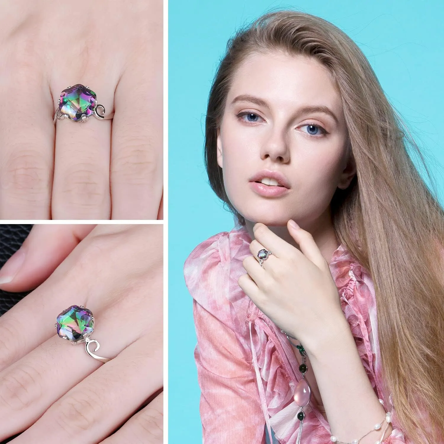 JewelryPalace Fancy Cut 5.7ct Multicolor Genuine Rainbow Quartz Cocktail Rings for Her, 14K White Yellow Rose Gold Plated 925 Sterling Silver Ring for Women, Natural Gemstone Jewelry Rings
