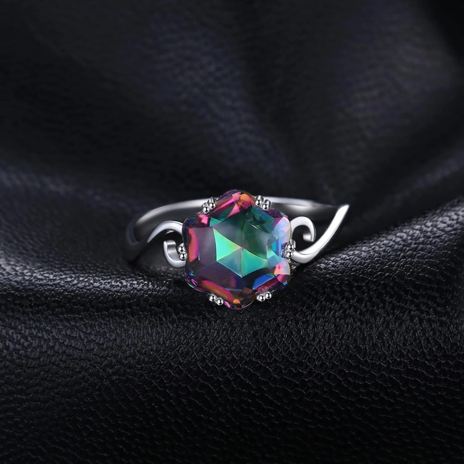 JewelryPalace Fancy Cut 5.7ct Multicolor Genuine Rainbow Quartz Cocktail Rings for Her, 14K White Yellow Rose Gold Plated 925 Sterling Silver Ring for Women, Natural Gemstone Jewelry Rings