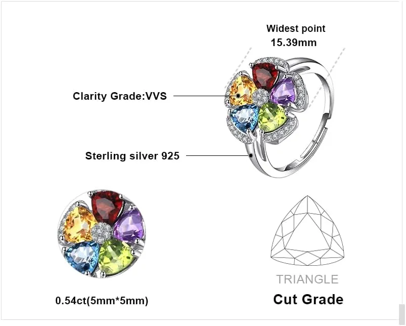 JewelryPalace Flower 2.6ct Genuine Blue Topaz Amethyst Citrine Garnet Peridot Cocktail Rings for Women, Adjustable Open 14K Gold 925 Sterling Silver Ring, Multicolor Natural Gemstone Jewelry Set