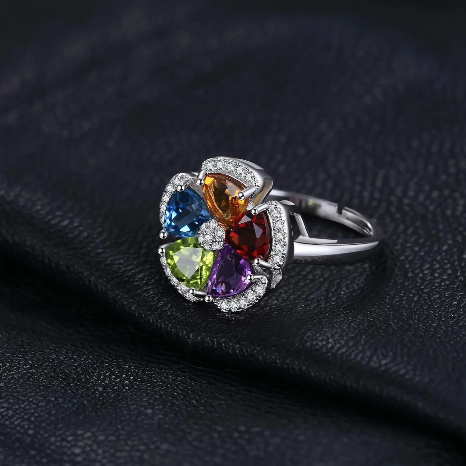 JewelryPalace Flower 2.6ct Genuine Blue Topaz Amethyst Citrine Garnet Peridot Cocktail Rings for Women, Adjustable Open 14K Gold 925 Sterling Silver Ring, Multicolor Natural Gemstone Jewelry Set