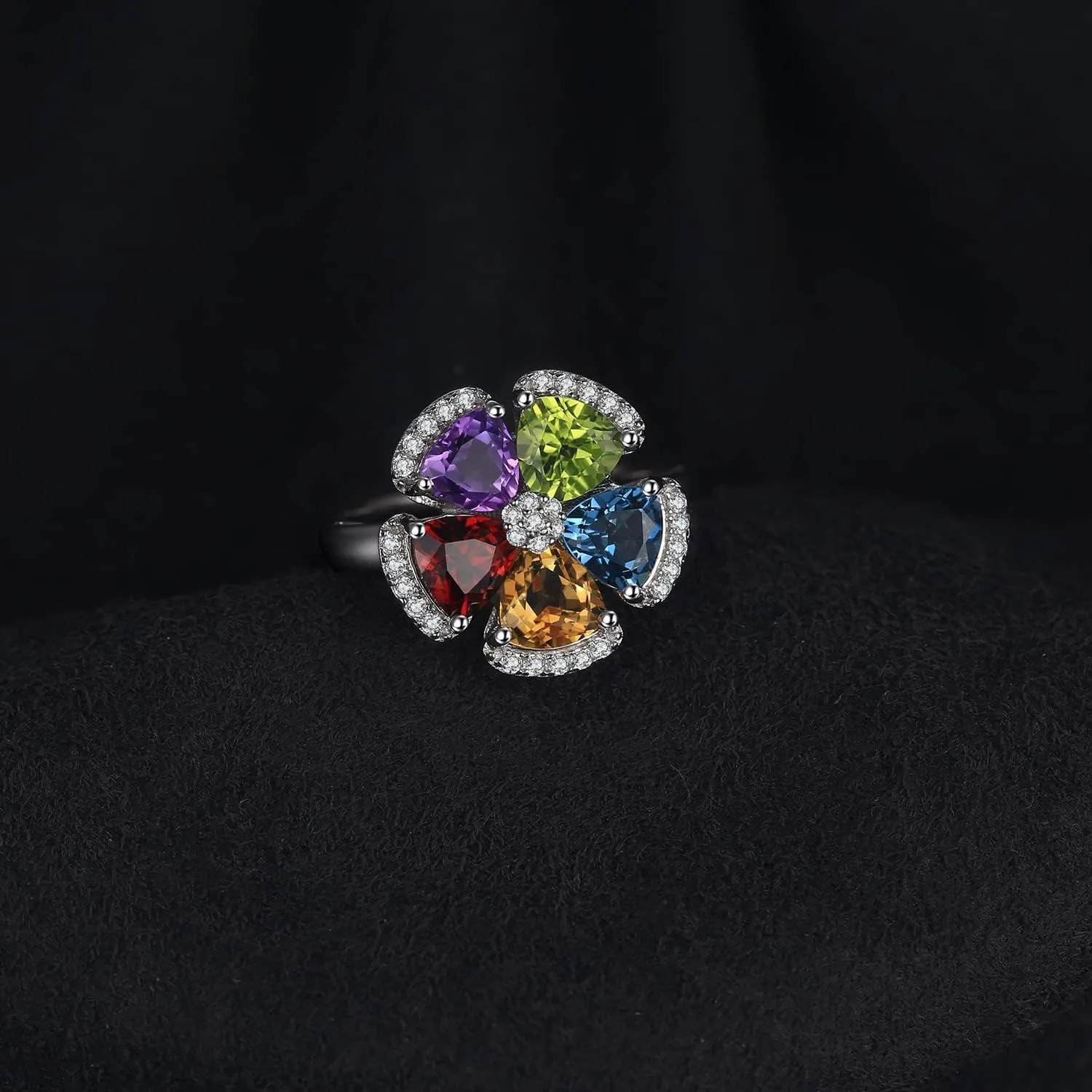 JewelryPalace Flower 2.6ct Genuine Blue Topaz Amethyst Citrine Garnet Peridot Cocktail Rings for Women, Adjustable Open 14K Gold 925 Sterling Silver Ring, Multicolor Natural Gemstone Jewelry Set