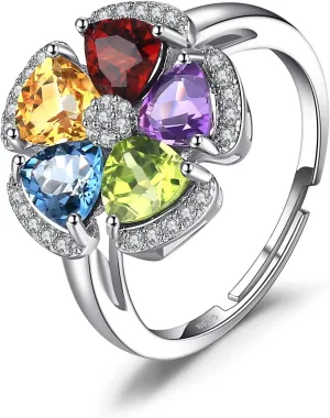 JewelryPalace Flower 2.6ct Genuine Blue Topaz Amethyst Citrine Garnet Peridot Cocktail Rings for Women, Adjustable Open 14K Gold 925 Sterling Silver Ring, Multicolor Natural Gemstone Jewelry Set