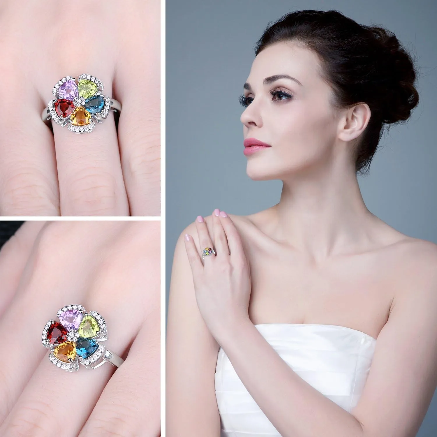JewelryPalace Flower 2.6ct Genuine Blue Topaz Amethyst Citrine Garnet Peridot Cocktail Rings for Women, Adjustable Open 14K Gold 925 Sterling Silver Ring, Multicolor Natural Gemstone Jewelry Set
