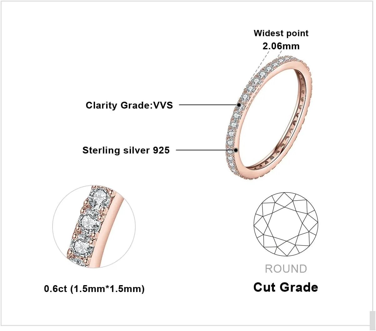 JewelryPalace Genuine Moissanite Wedding Rings for Women, Eternity 14k White Yellow Rose Gold Plated 925 Sterling Silver Promise Ring for Her, Round Cut Simulated Diamond Anniversary Band Ring VVS D-F