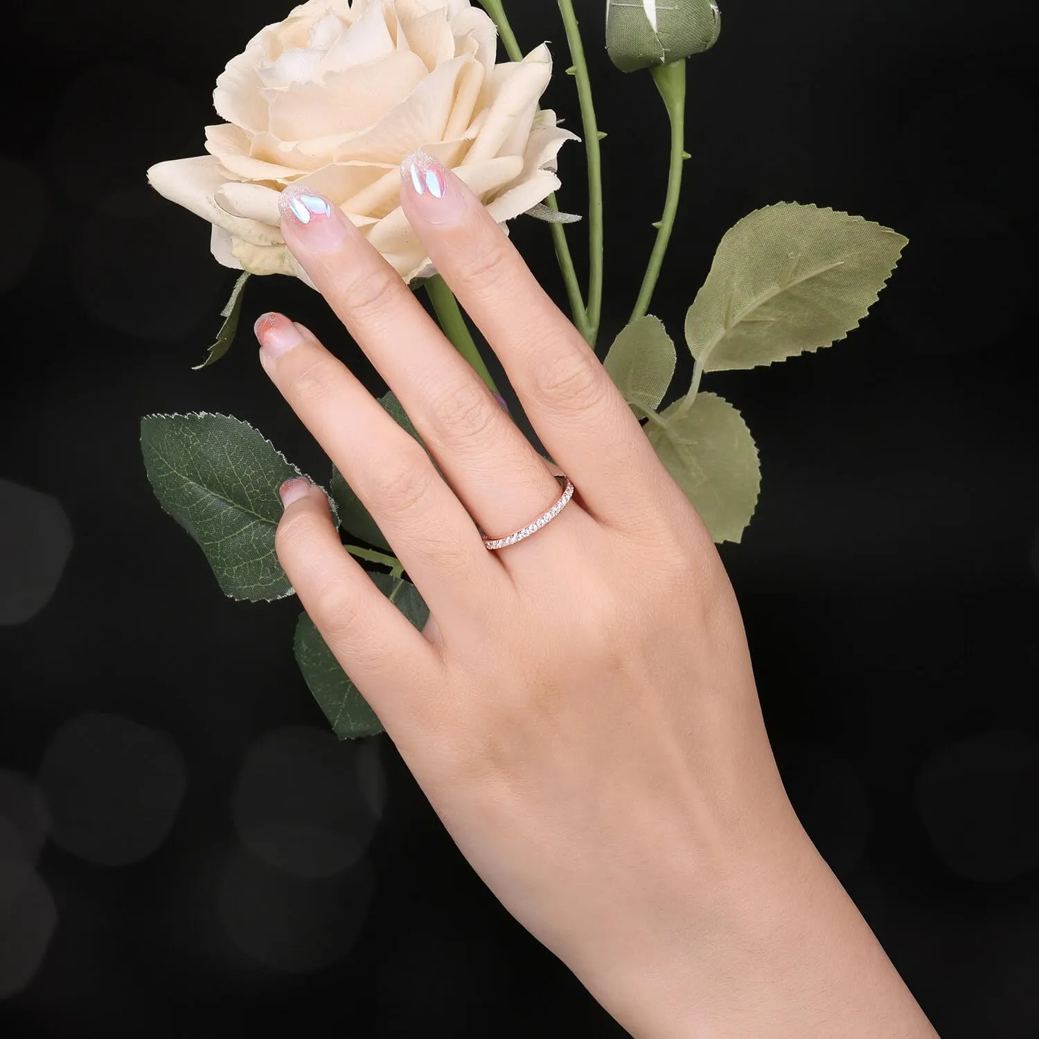 JewelryPalace Genuine Moissanite Wedding Rings for Women, Eternity 14k White Yellow Rose Gold Plated 925 Sterling Silver Promise Ring for Her, Round Cut Simulated Diamond Anniversary Band Ring VVS D-F