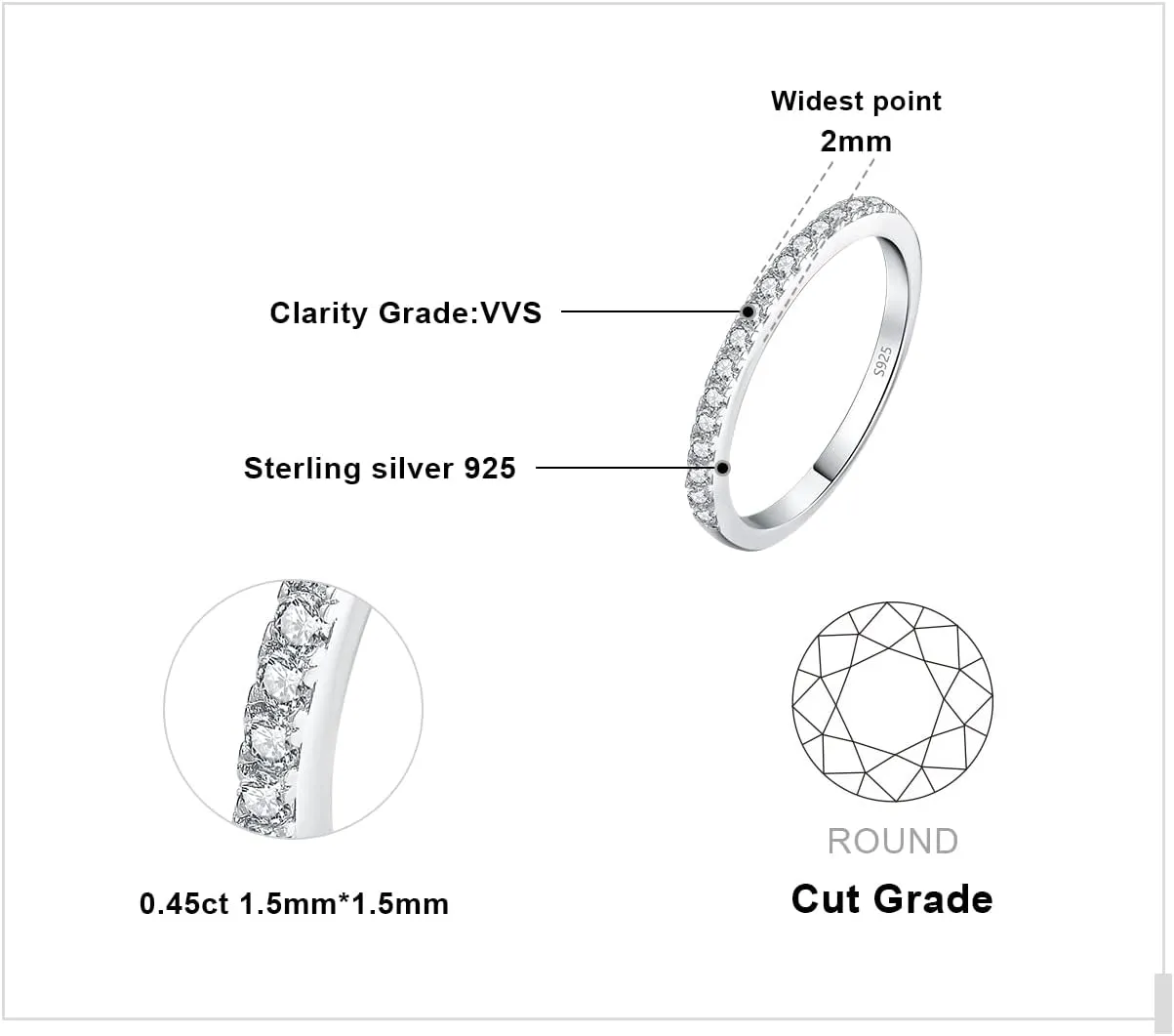 JewelryPalace Genuine Moissanite Wedding Rings for Women, Eternity 14k White Yellow Rose Gold Plated 925 Sterling Silver Promise Ring for Her, Round Cut Simulated Diamond Anniversary Band Ring VVS D-F