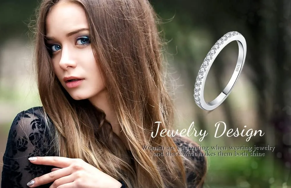 JewelryPalace Genuine Moissanite Wedding Rings for Women, Eternity 14k White Yellow Rose Gold Plated 925 Sterling Silver Promise Ring for Her, Round Cut Simulated Diamond Anniversary Band Ring VVS D-F