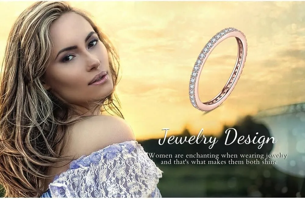 JewelryPalace Genuine Moissanite Wedding Rings for Women, Eternity 14k White Yellow Rose Gold Plated 925 Sterling Silver Promise Ring for Her, Round Cut Simulated Diamond Anniversary Band Ring VVS D-F