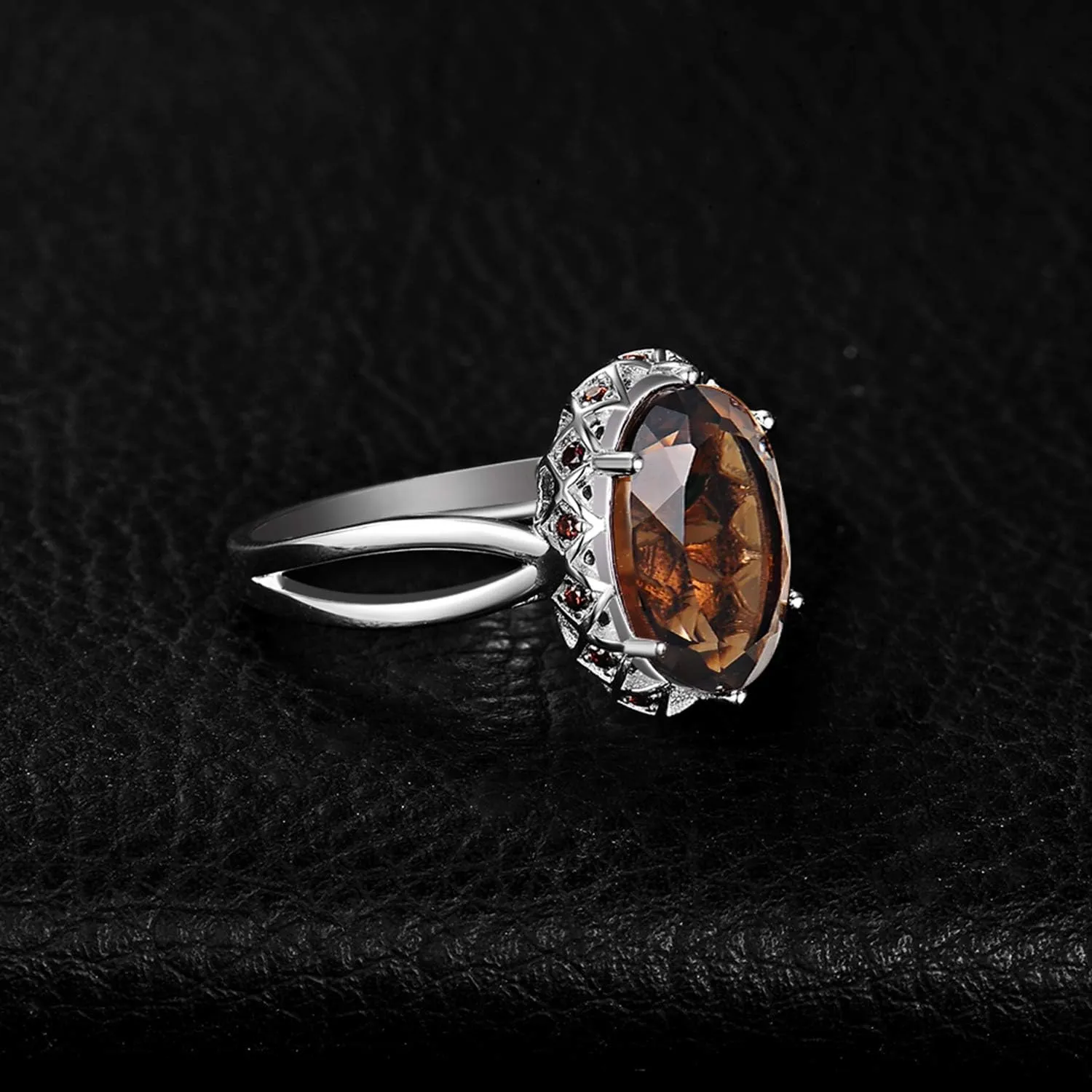 JewelryPalace Huge Oval Shape 5.7ct Genuine Smoky Quartz Cocktail Rings for Her, 14K White Yellow Rose Gold Plated 925 Sterling Silver Ring for Women, Natural Gemstone Jewelry Sets Rings