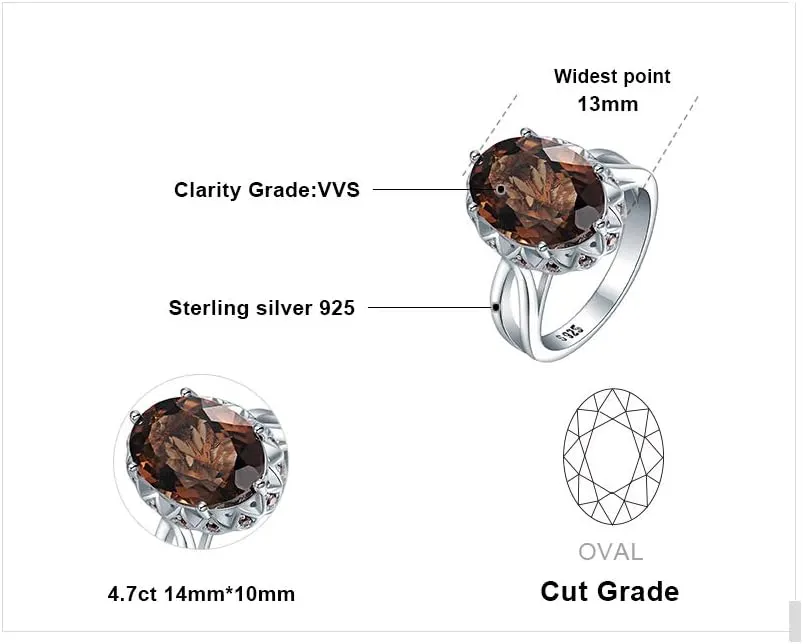 JewelryPalace Huge Oval Shape 5.7ct Genuine Smoky Quartz Cocktail Rings for Her, 14K White Yellow Rose Gold Plated 925 Sterling Silver Ring for Women, Natural Gemstone Jewelry Sets Rings