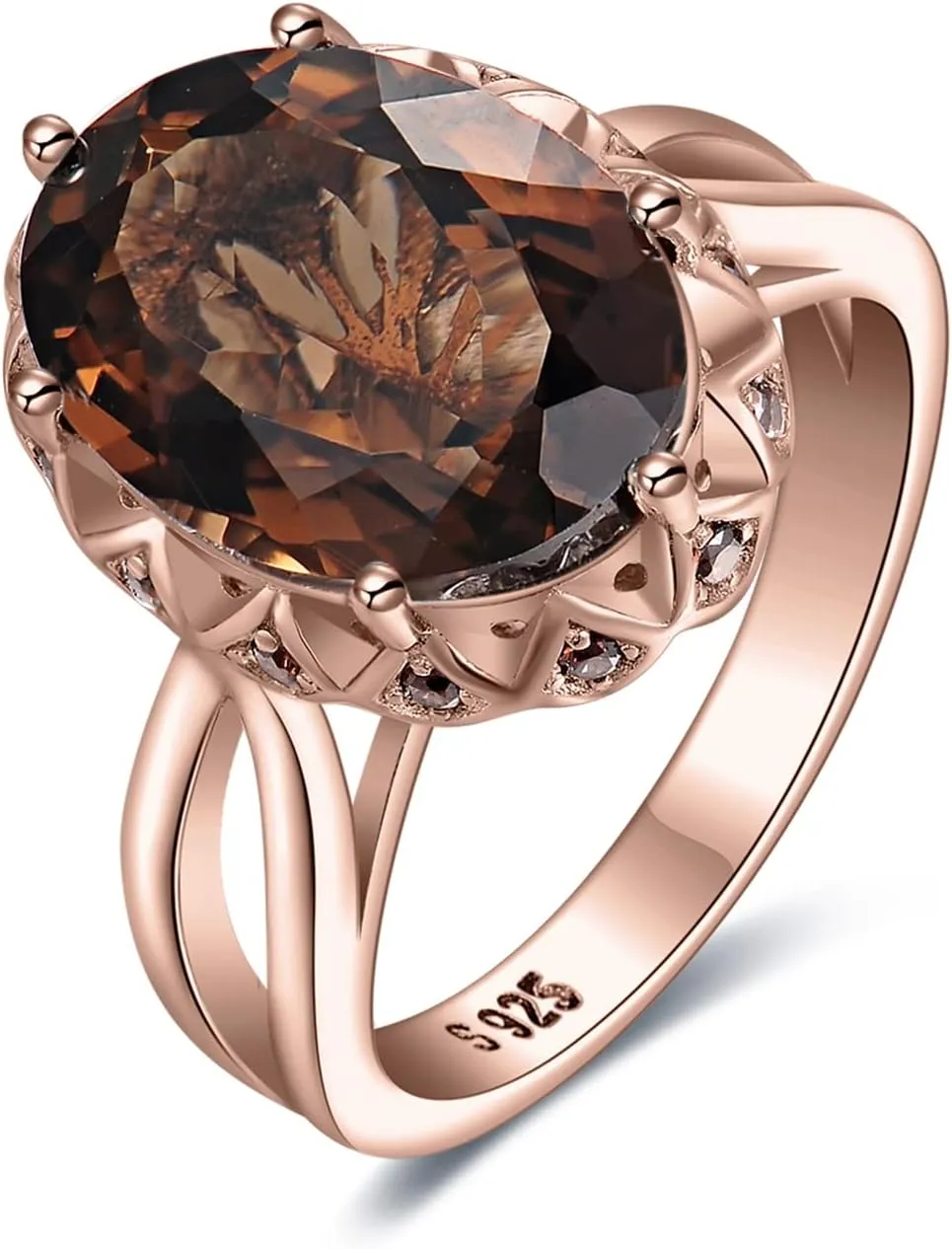 JewelryPalace Huge Oval Shape 5.7ct Genuine Smoky Quartz Cocktail Rings for Her, 14K White Yellow Rose Gold Plated 925 Sterling Silver Ring for Women, Natural Gemstone Jewelry Sets Rings
