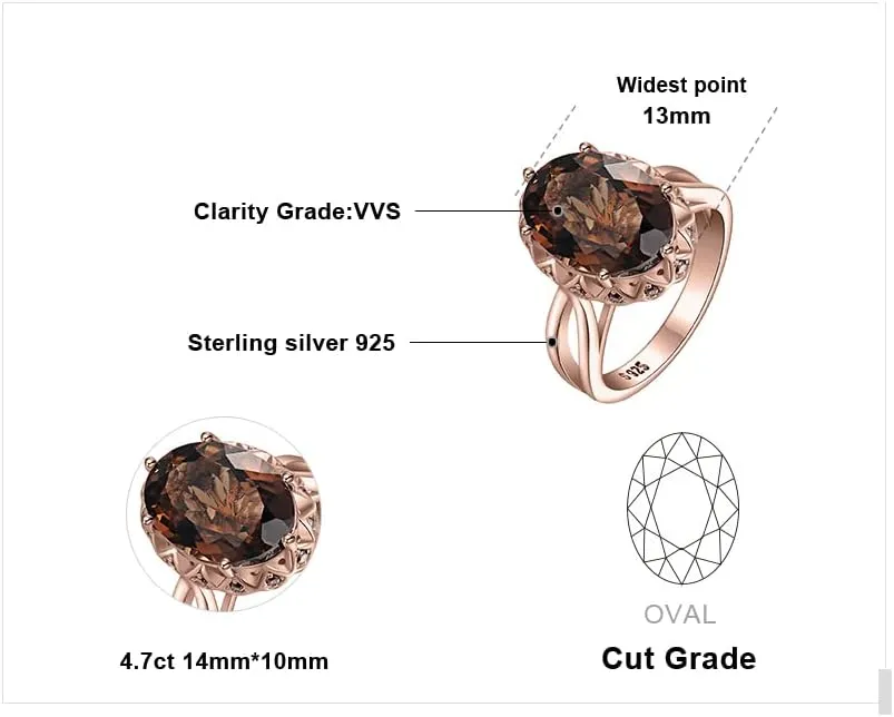 JewelryPalace Huge Oval Shape 5.7ct Genuine Smoky Quartz Cocktail Rings for Her, 14K White Yellow Rose Gold Plated 925 Sterling Silver Ring for Women, Natural Gemstone Jewelry Sets Rings