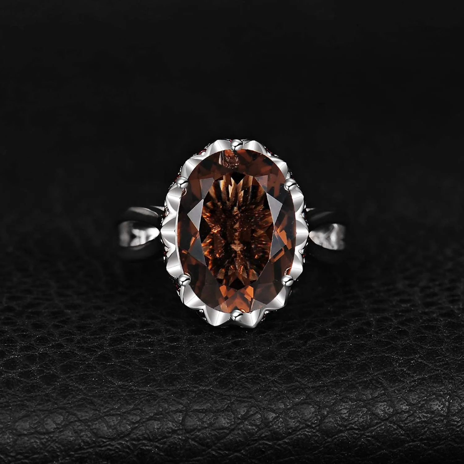 JewelryPalace Huge Oval Shape 5.7ct Genuine Smoky Quartz Cocktail Rings for Her, 14K White Yellow Rose Gold Plated 925 Sterling Silver Ring for Women, Natural Gemstone Jewelry Sets Rings