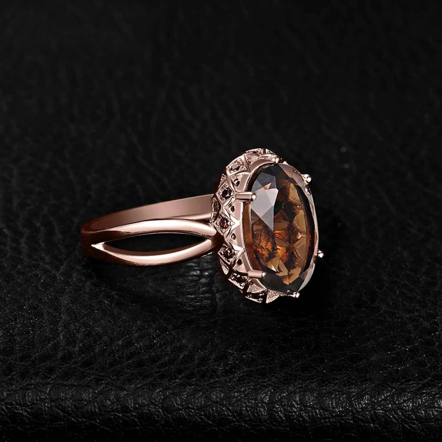 JewelryPalace Huge Oval Shape 5.7ct Genuine Smoky Quartz Cocktail Rings for Her, 14K White Yellow Rose Gold Plated 925 Sterling Silver Ring for Women, Natural Gemstone Jewelry Sets Rings