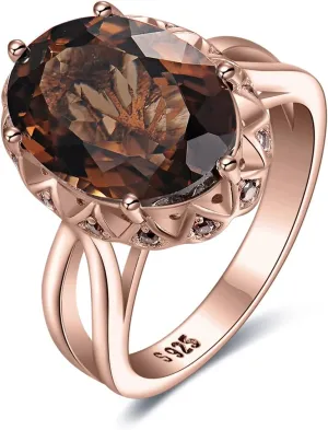 JewelryPalace Huge Oval Shape 5.7ct Genuine Smoky Quartz Cocktail Rings for Her, 14K White Yellow Rose Gold Plated 925 Sterling Silver Ring for Women, Natural Gemstone Jewelry Sets Rings