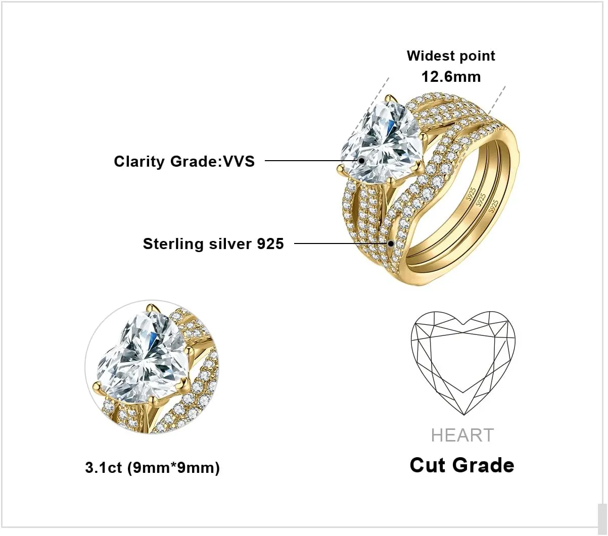 JewelryPalace Love Heart 3ct Cubic Zirconia Solitaire Engagement Rings for Women, 925 Sterling Silver Promise Ring for her, Simulated Diamond Twisted Anniversary Wedding Ring Band Enhancer Bridal Sets