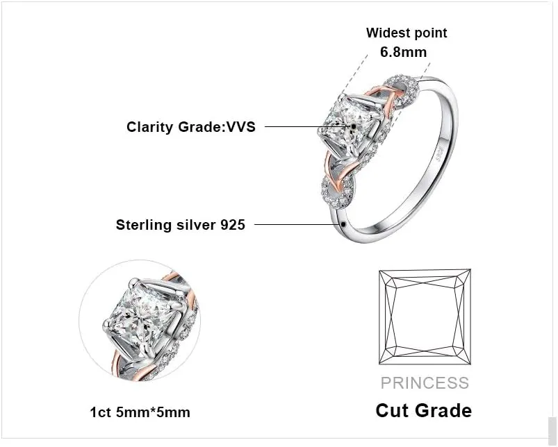 JewelryPalace Love Infinity Ring Engagement Rings for Women, 14K Rose Gold 925 Sterling Silver Cubic Zirconia Promise Rings for Her, Anniversary Knot Princess Cut Promise Ring Simulated Diamond Ring