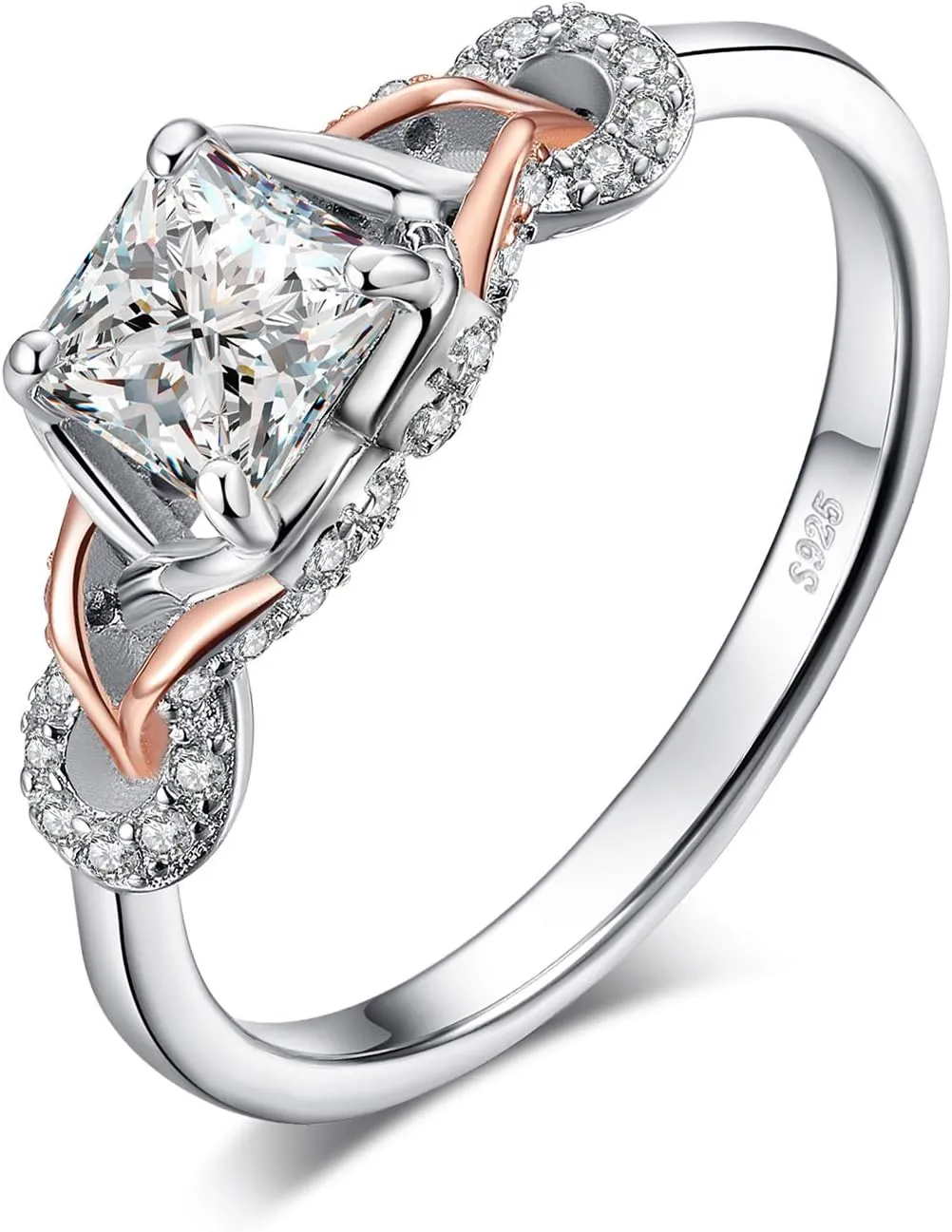 JewelryPalace Love Infinity Ring Engagement Rings for Women, 14K Rose Gold 925 Sterling Silver Cubic Zirconia Promise Rings for Her, Anniversary Knot Princess Cut Promise Ring Simulated Diamond Ring